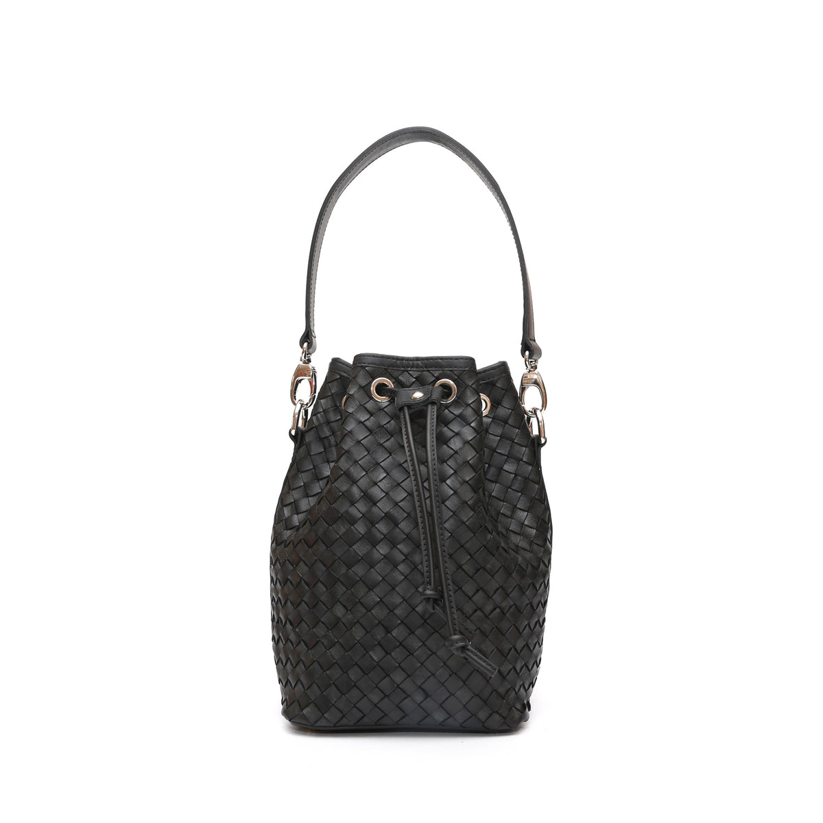 Secchiello piccolo Bianca, borsa a spalla o a mano da donna in pelle intrecciata nera, realizzata e venduta da Pianigiani Bags
