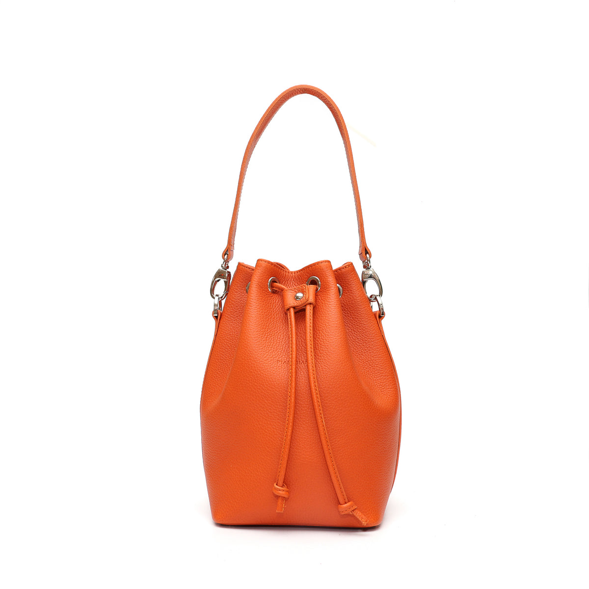 Secchiello piccolo Bianca, borsa a spalla o a mano da donna in pelle martellata arancio, realizzata e venduta da Pianigiani Bags