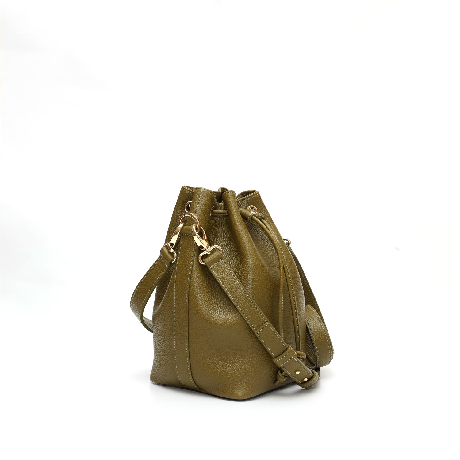 Secchiello piccolo Bianca, borsa a spalla o a mano da donna in pelle martellata verde oliva, realizzata e venduta da Pianigiani Bags