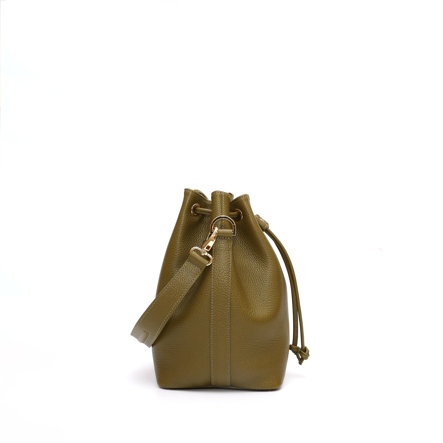 Secchiello piccolo Bianca, borsa a spalla o a mano da donna in pelle martellata verde oliva, realizzata e venduta da Pianigiani Bags