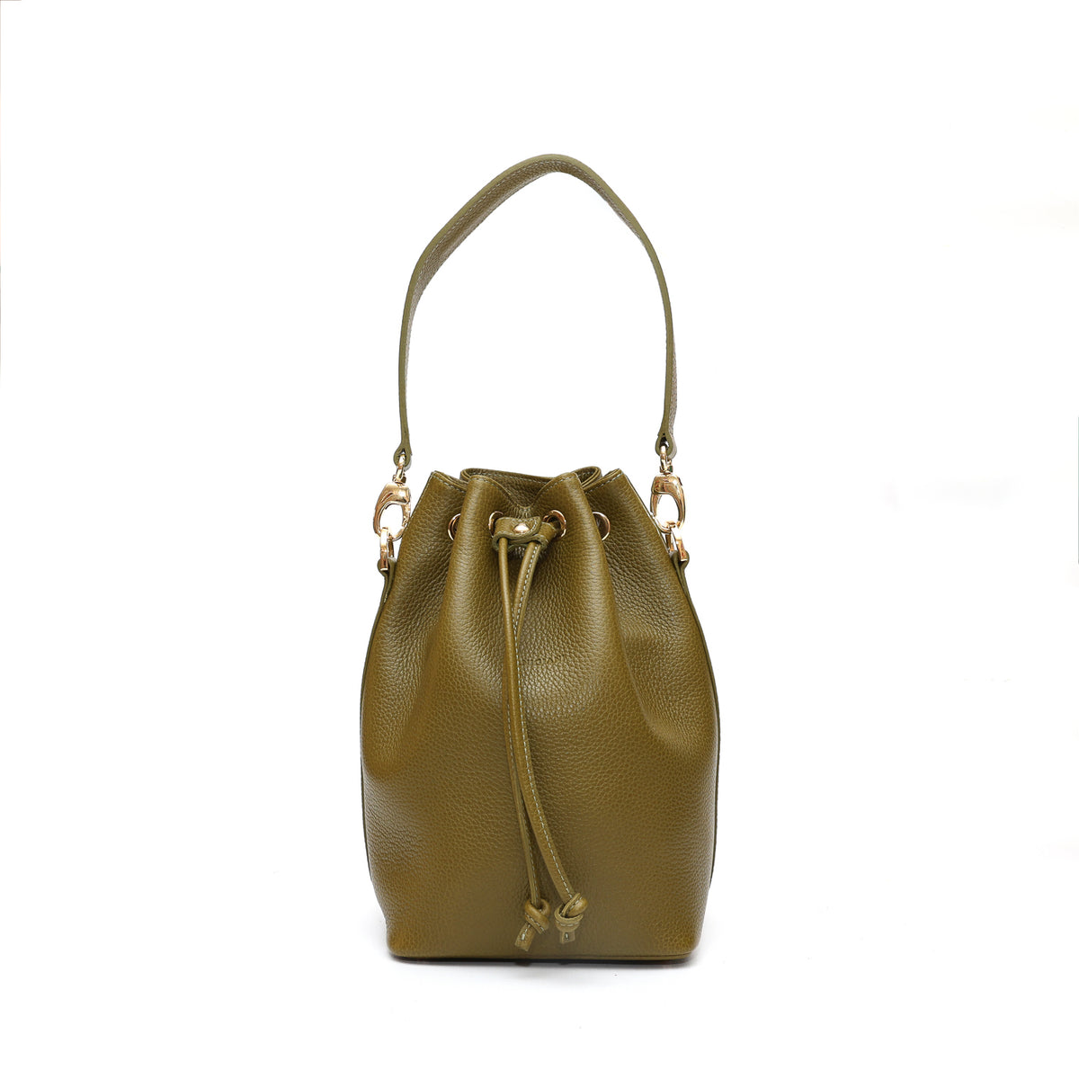 Secchiello piccolo Bianca, borsa a spalla o a mano da donna in pelle martellata verde oliva, realizzata e venduta da Pianigiani Bags