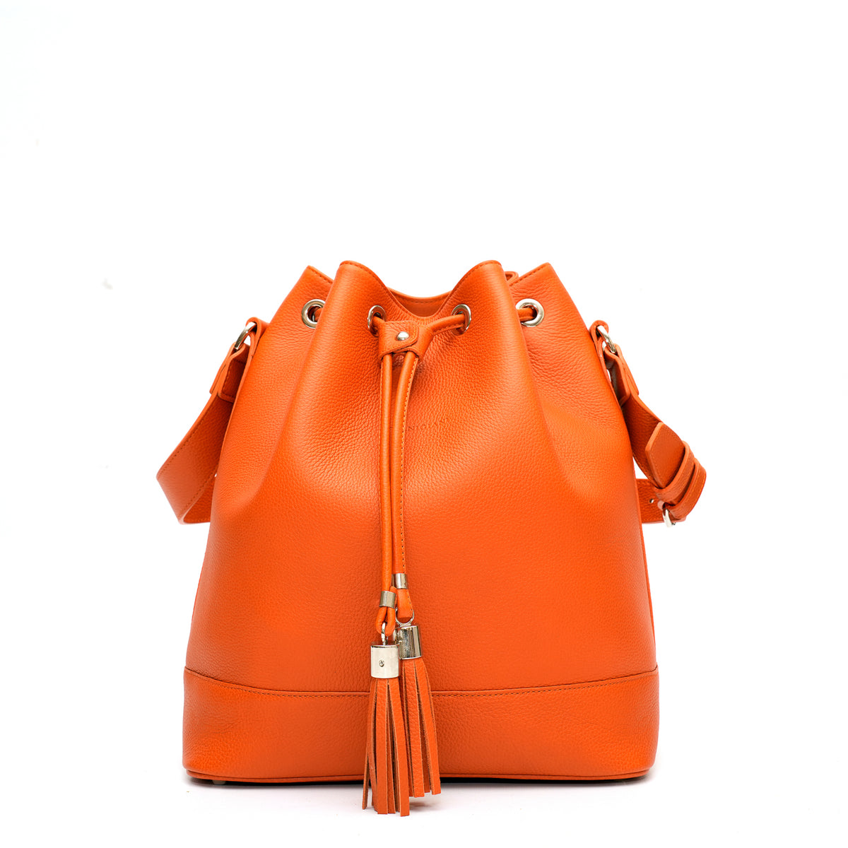 Secchiello Sofia borsa a spalla da donna in pelle martellata arancio, realizzata e venduta da Pianigiani Bags
