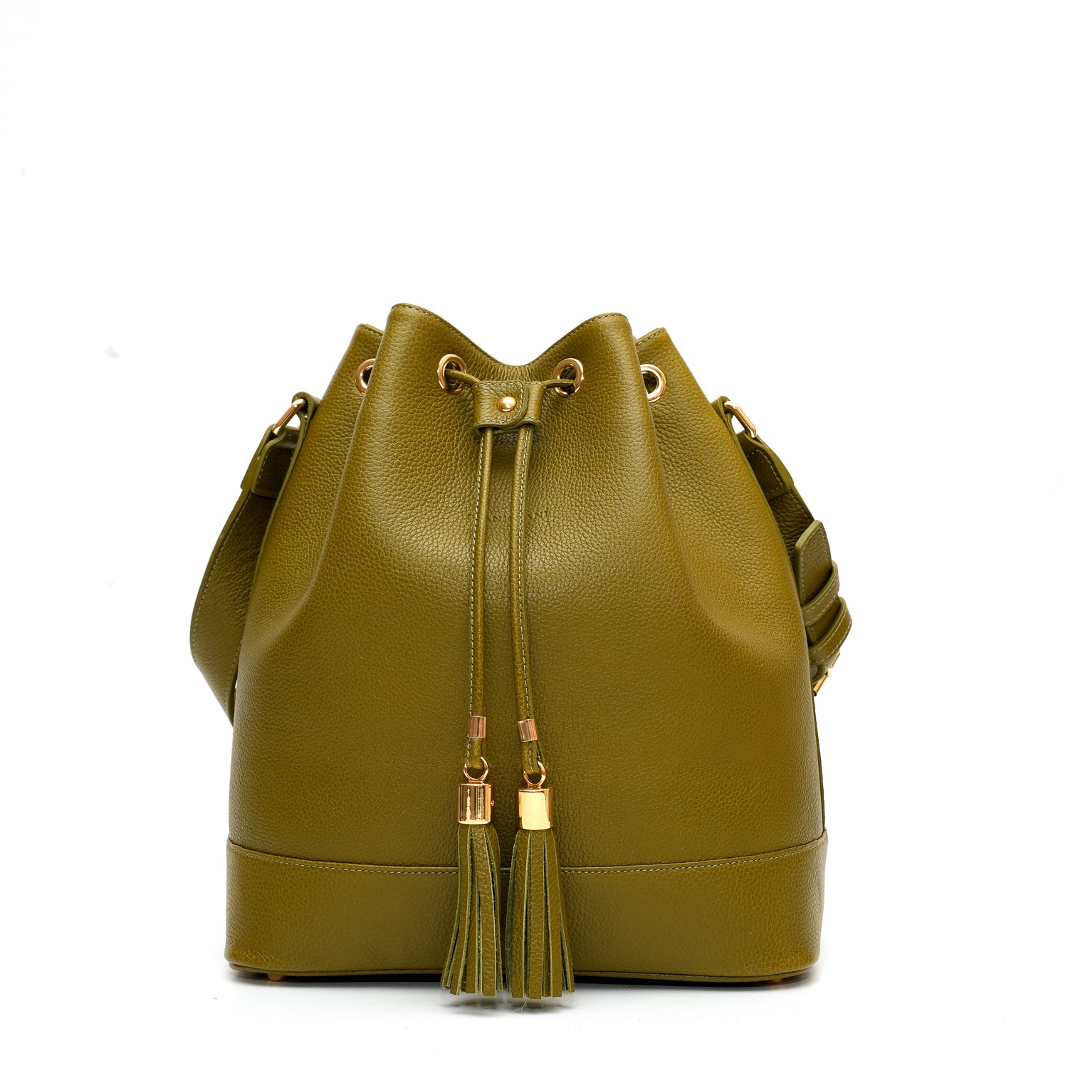 Secchiello Sofia borsa a spalla da donna in pelle martellata verde oliva, realizzata e venduta da Pianigiani Bags
