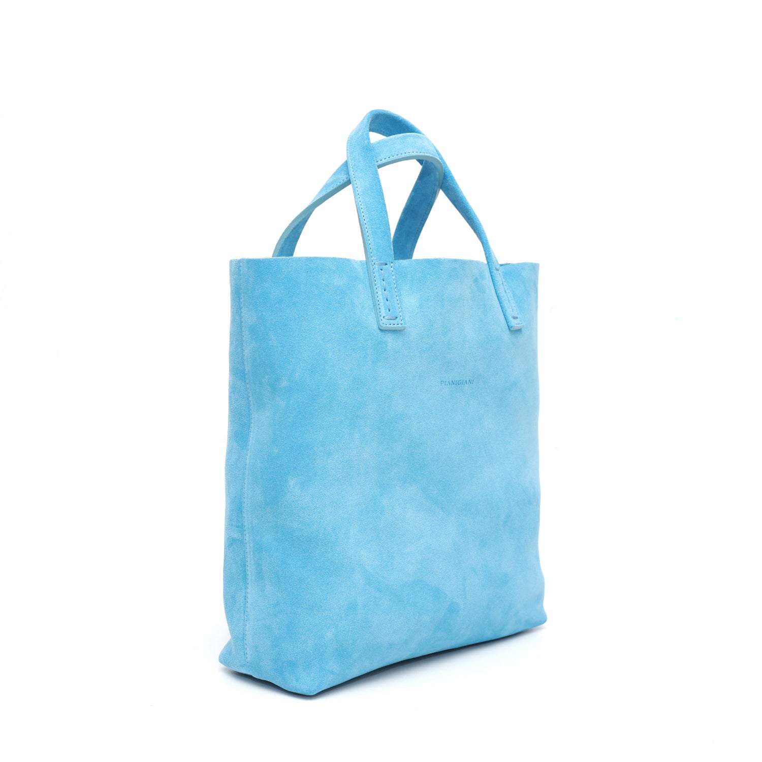 Borsa Soft bag 2.4 piccola in pelle scamosciata denim, si indossa a mano ed ha una tasca interna con zip. Prodotta in Italia da Pianigiani.