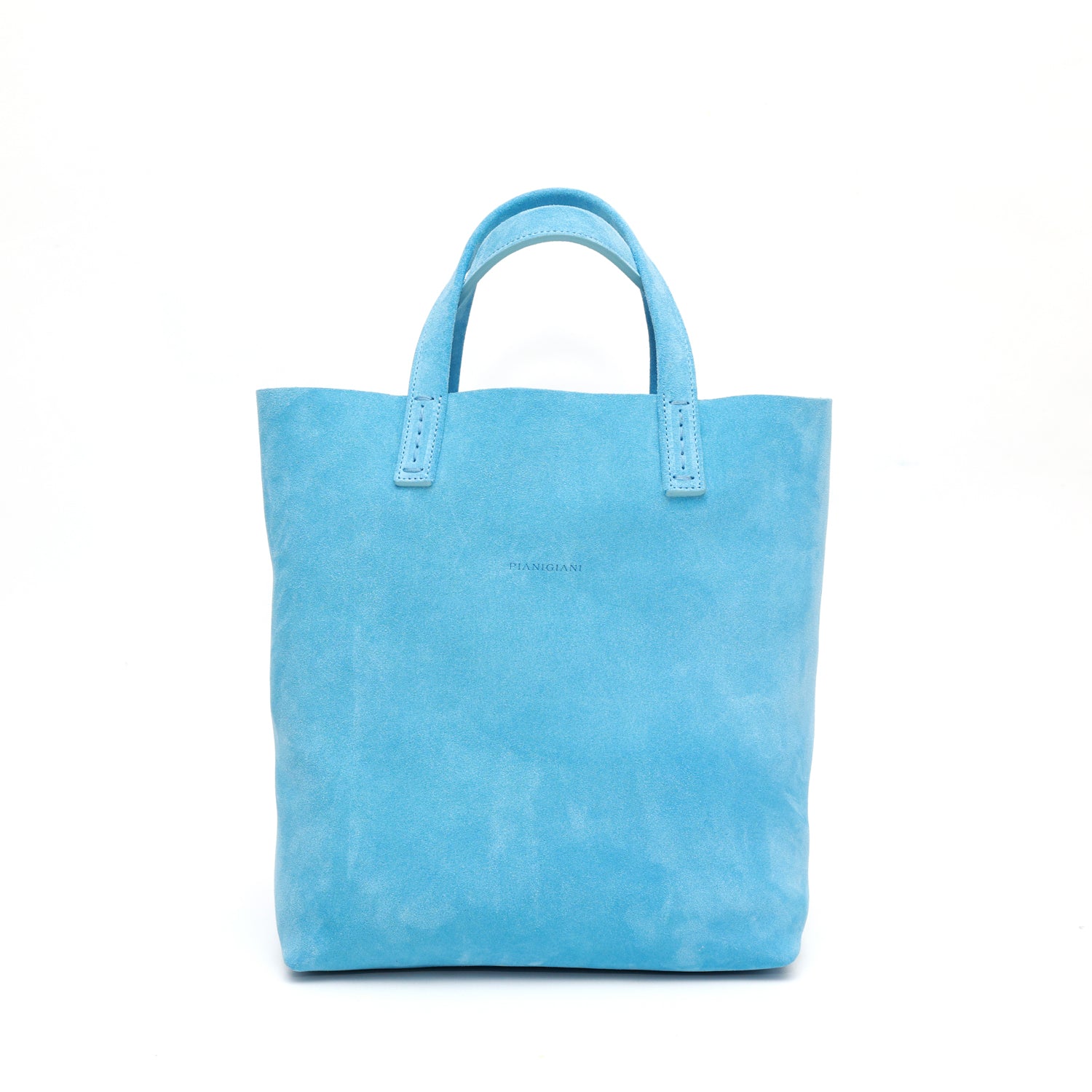Borsa Soft bag 2.4 piccola in pelle scamosciata denim, si indossa a mano ed ha una tasca interna con zip. Prodotta in Italia da Pianigiani.
