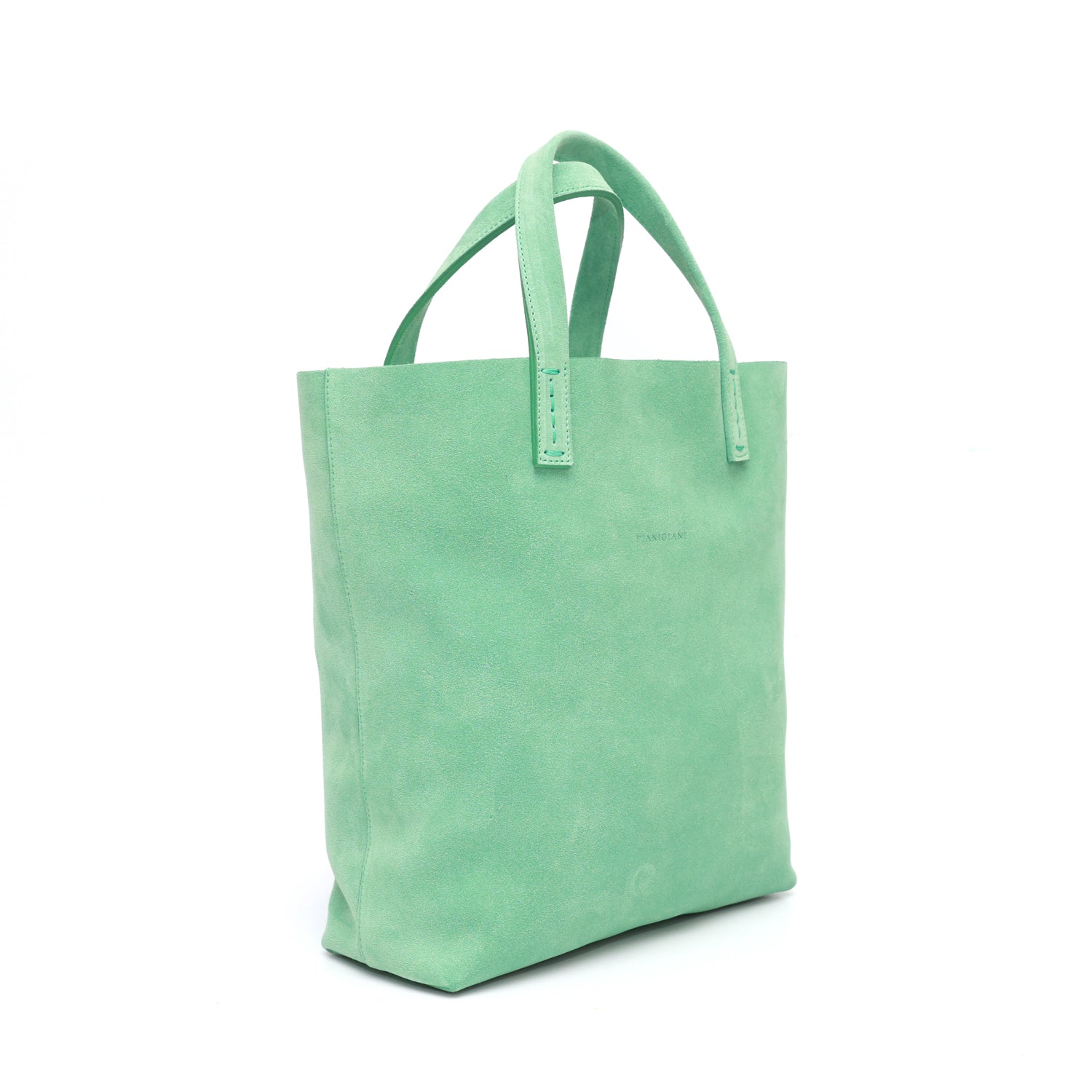 Borsa Soft bag 2.4 piccola in pelle scamosciata verde, si indossa a mano ed ha una tasca interna con zip. Prodotta in Italia da Pianigiani.