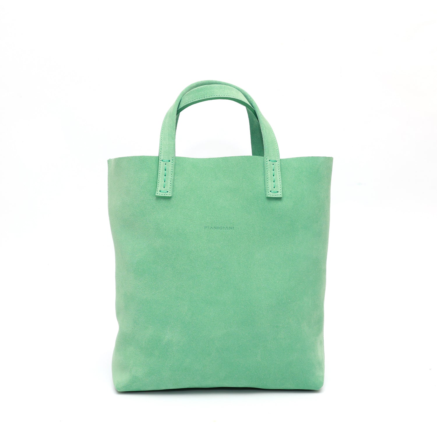 Borsa Soft bag 2.4 piccola in pelle scamosciata verde, si indossa a mano ed ha una tasca interna con zip. Prodotta in Italia da Pianigiani.