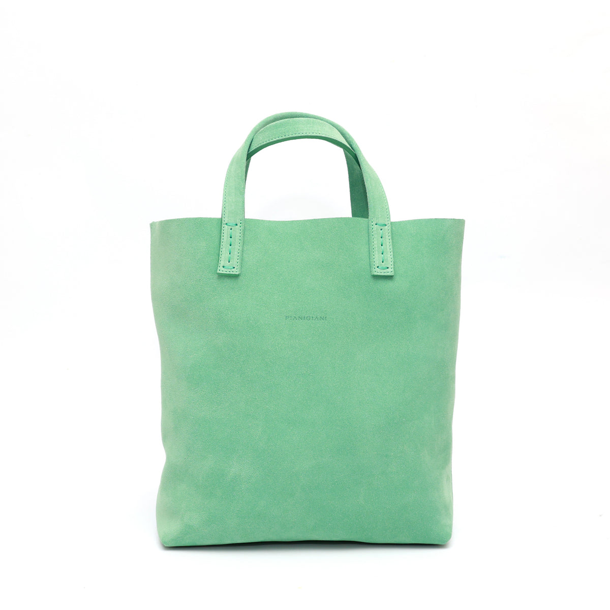 Borsa Soft bag 2.4 piccola in pelle scamosciata verde, si indossa a mano ed ha una tasca interna con zip. Prodotta in Italia da Pianigiani.